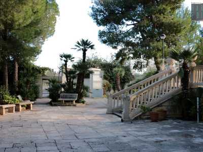 Siamo in un cortile con numerose panchine e dinanzi a noi si aprono due scalinate monumentali